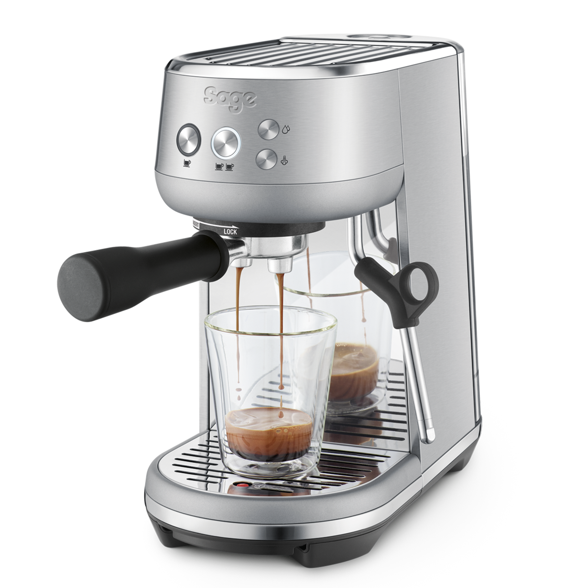 Machine à café Sage Bambino en acier inoxydable en train de préparer espressos dans des verres