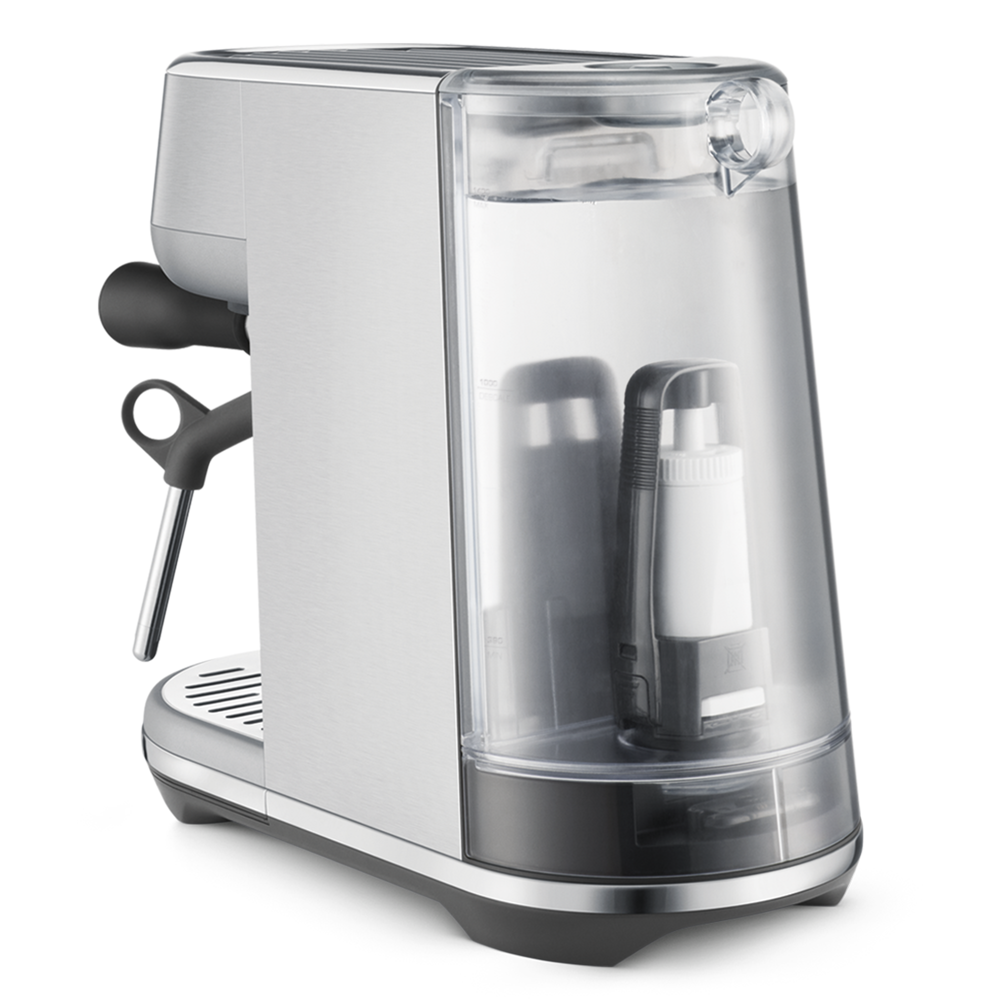 Arrière de la machine à café Sage Bambino montrant le réservoir d’eau transparent et la buse vapeur