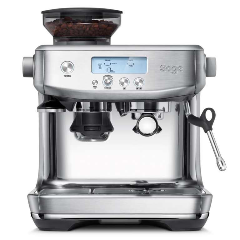 Vue de face de la machine à café Sage Barista Pro en acier inoxydable brossé avec bac à grains et buse vapeur