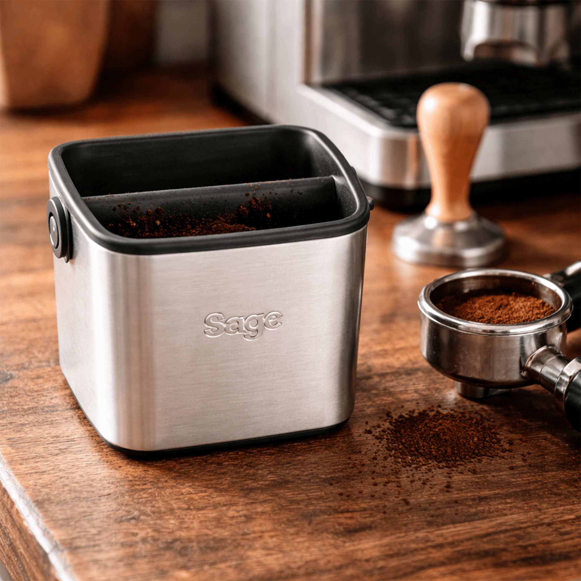 Knock Box Sage mini en acier inoxydable vue détail