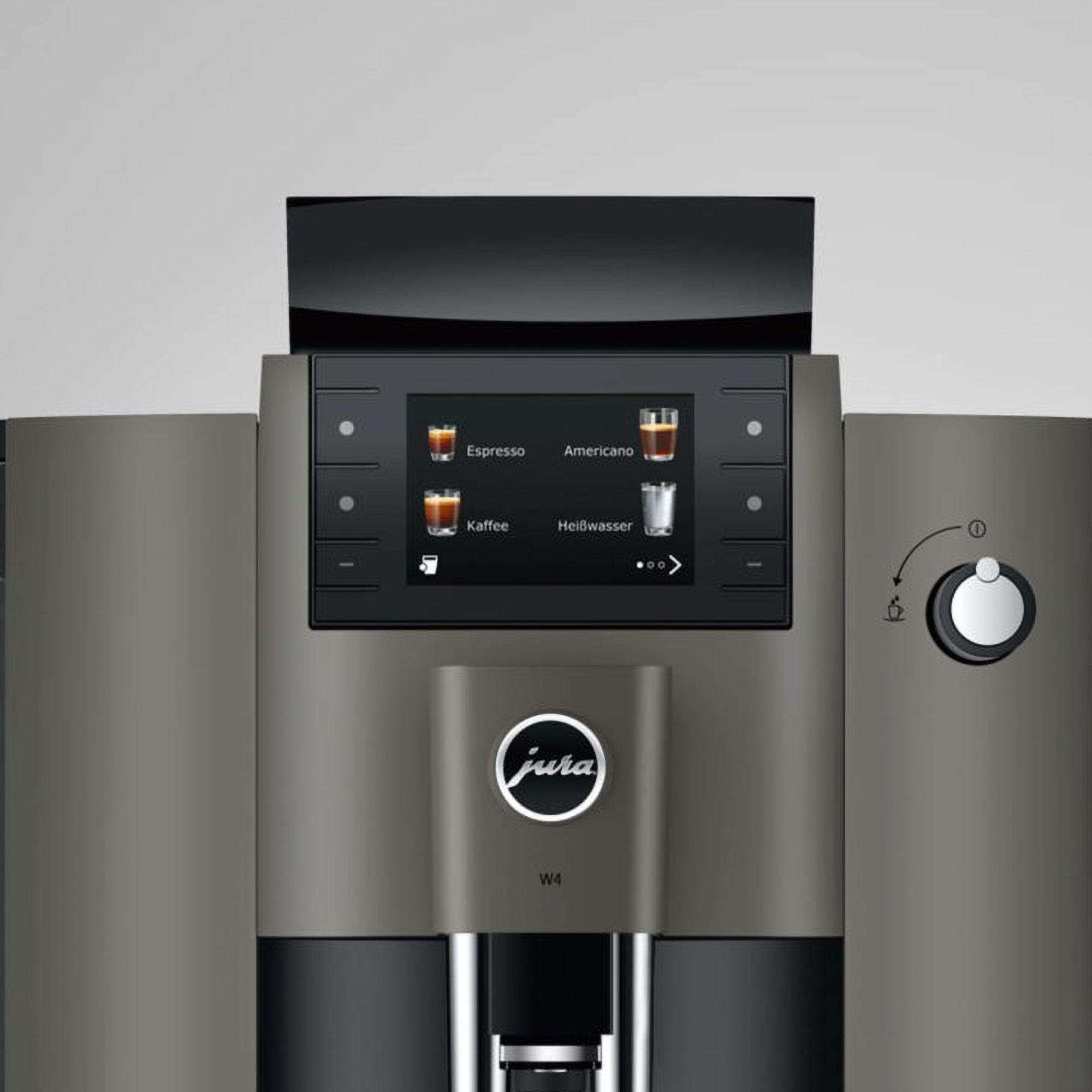 Écran tactile de la Jura W4 Dark Inox affichant les options espresso et americano