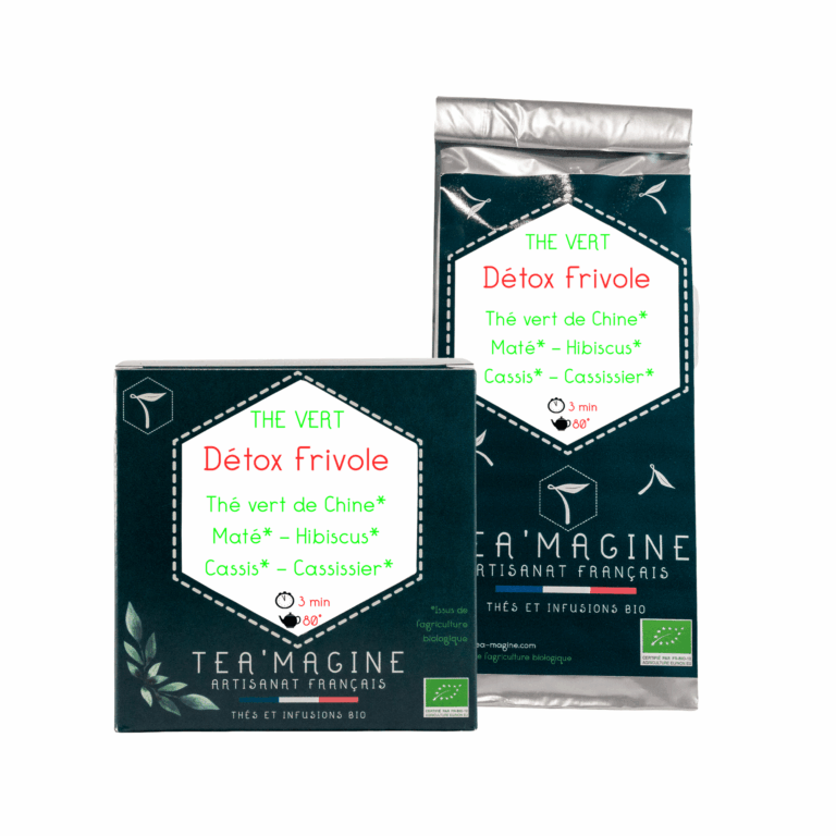 Boite et sachet Détox Frivole Thé vert BIO au maté & hibiscus