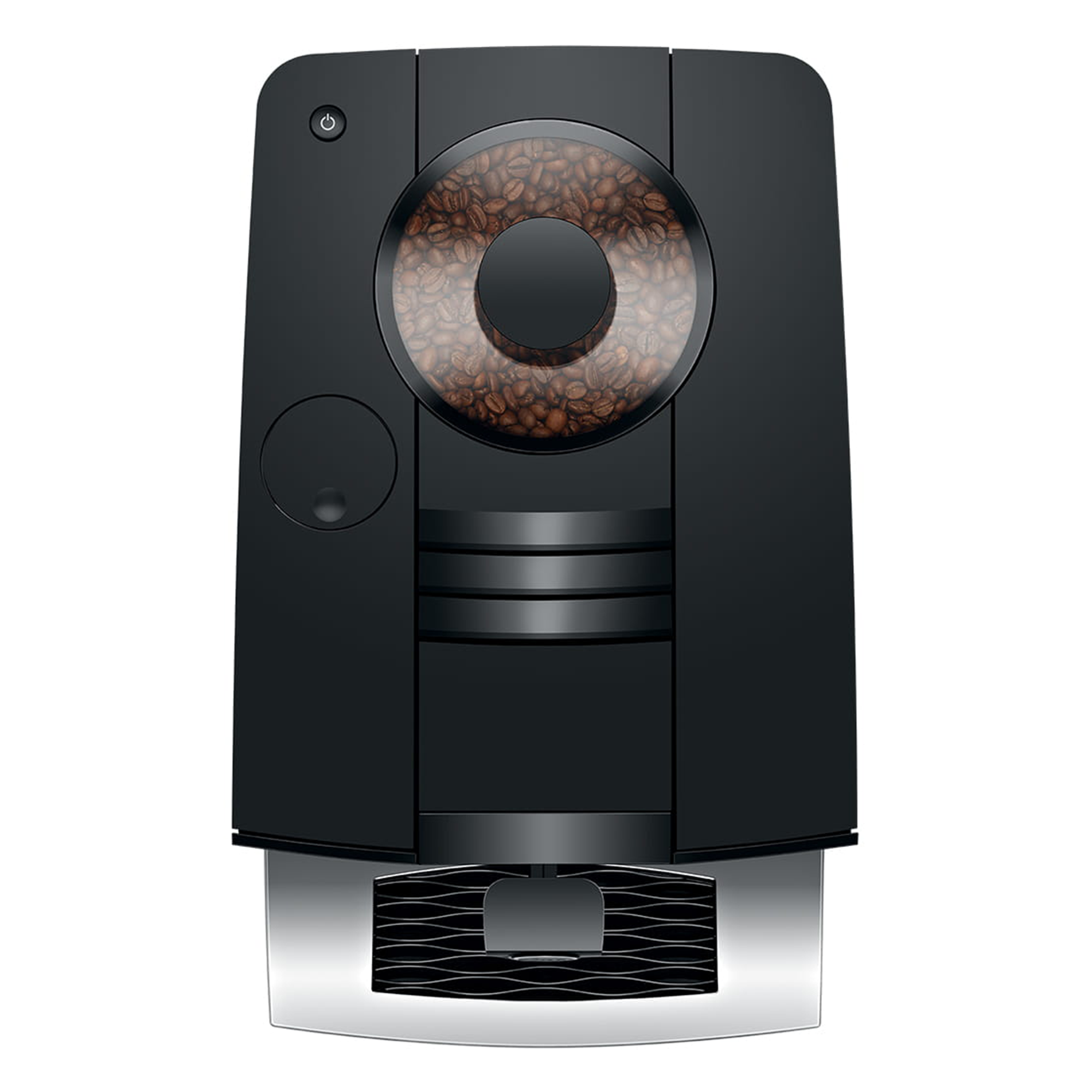Vue de dessus de la machine Jura C3 noire montrant le bac à grains rempli de café