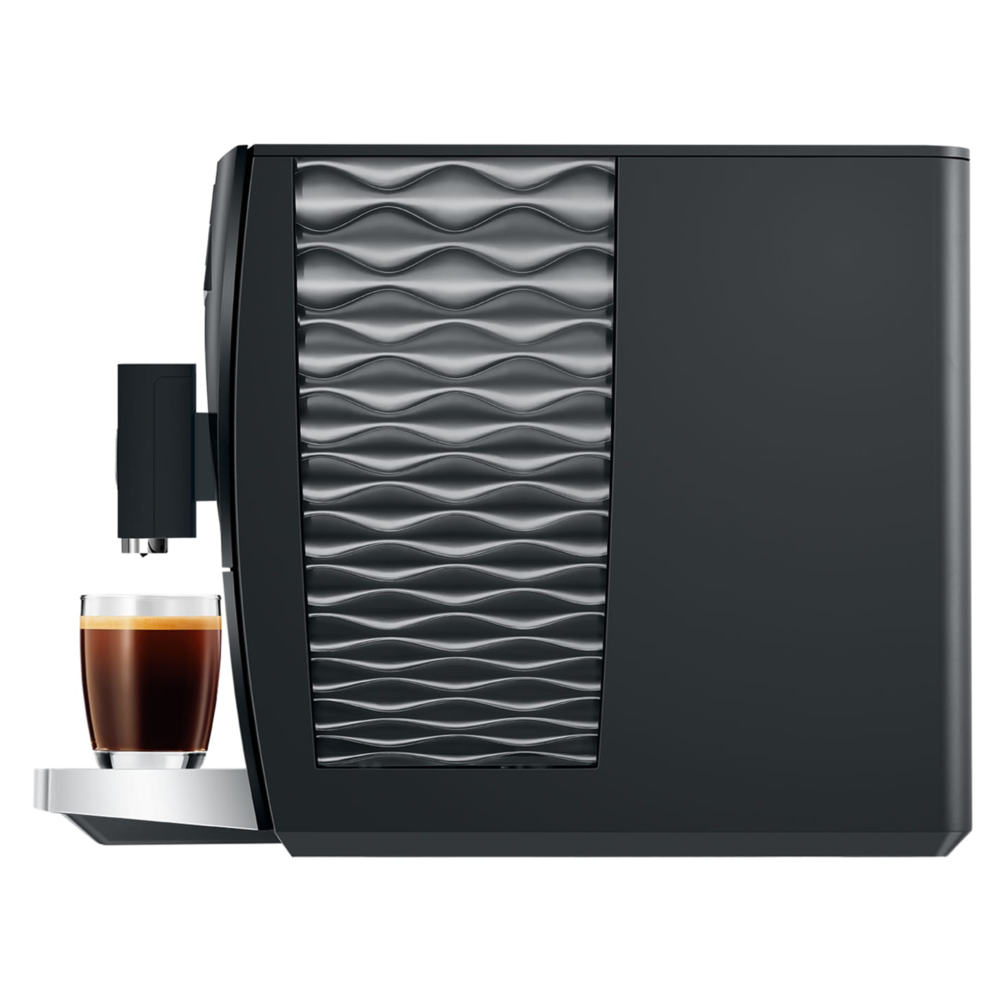 Profil latéral de la machine à café Jura C3 noire avec détail du panneau texturé