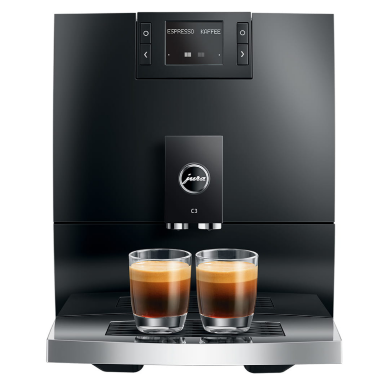 Machine à café automatique Jura C3 noire avec deux tasses d’expresso en façade