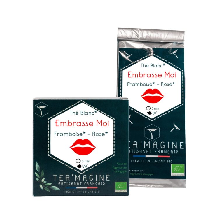 Boîte et sachet du thé blanc Embrasse Moi framboise rose Tea Magine artisanat français thé et infusion bio