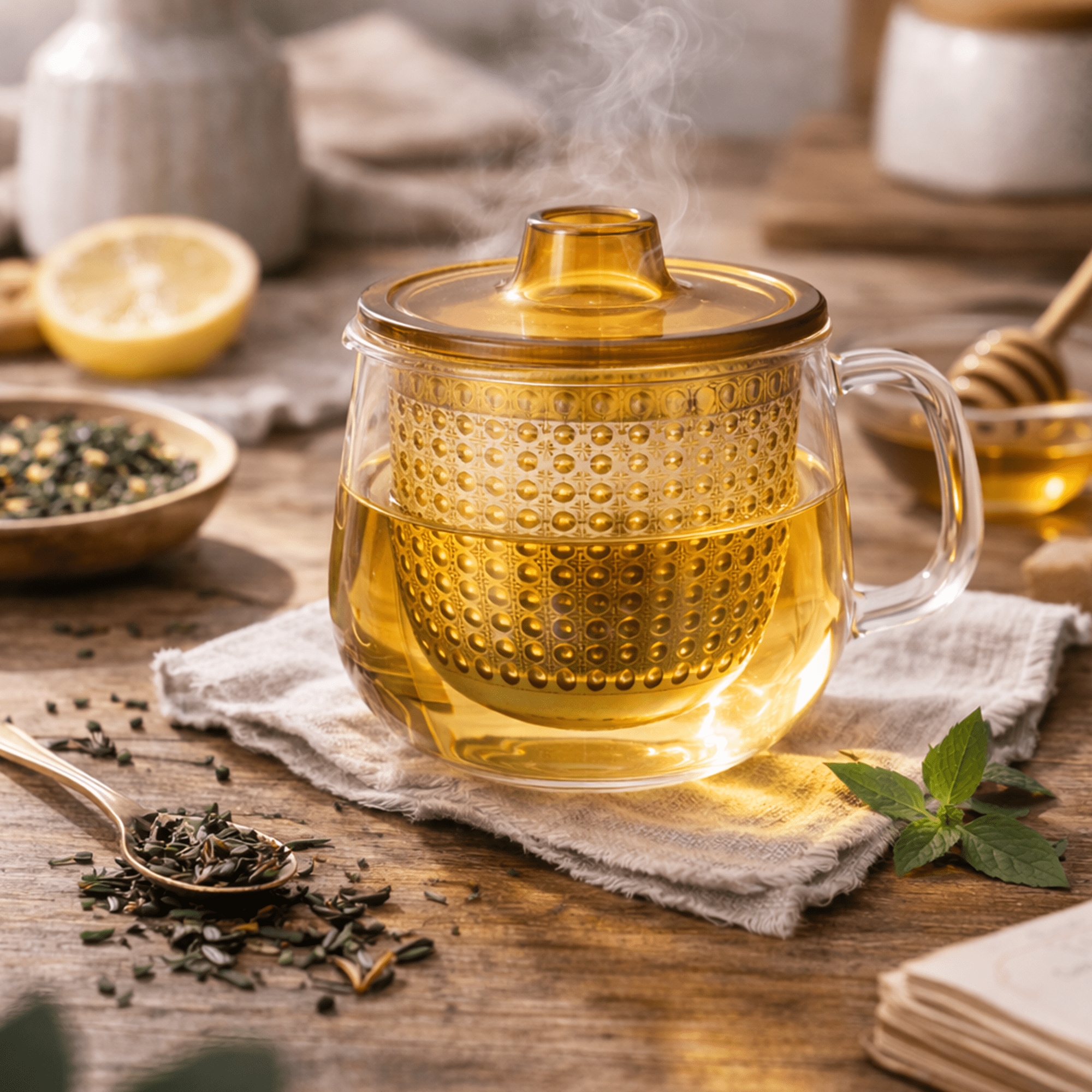 Théière en verre Kinto Unimug 350 ml amber avec thé doré en infusion