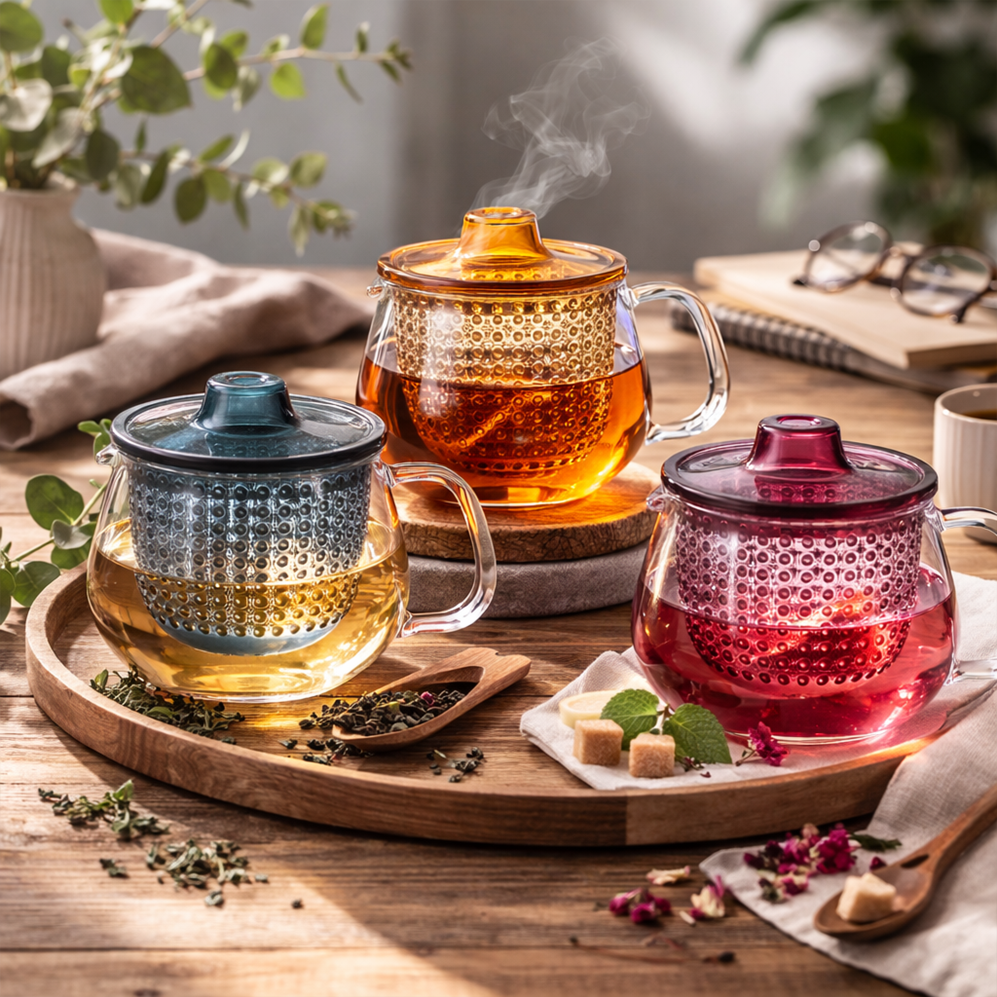 Théière en verre Kinto Unimug 350 ml avec infusion sur plateau en bois