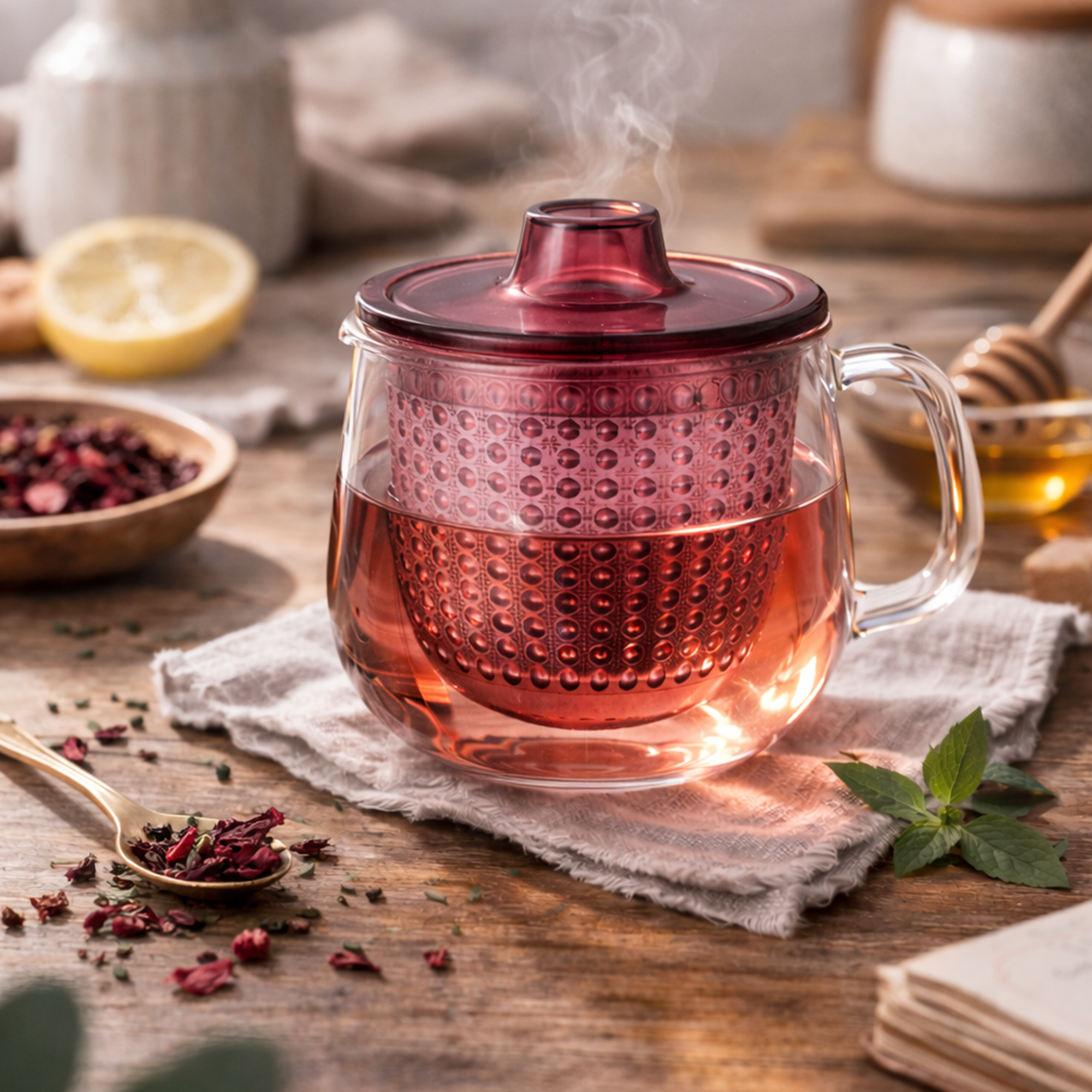 Théière en verre Kinto Unimug 350 ml rose avec infusion rouge