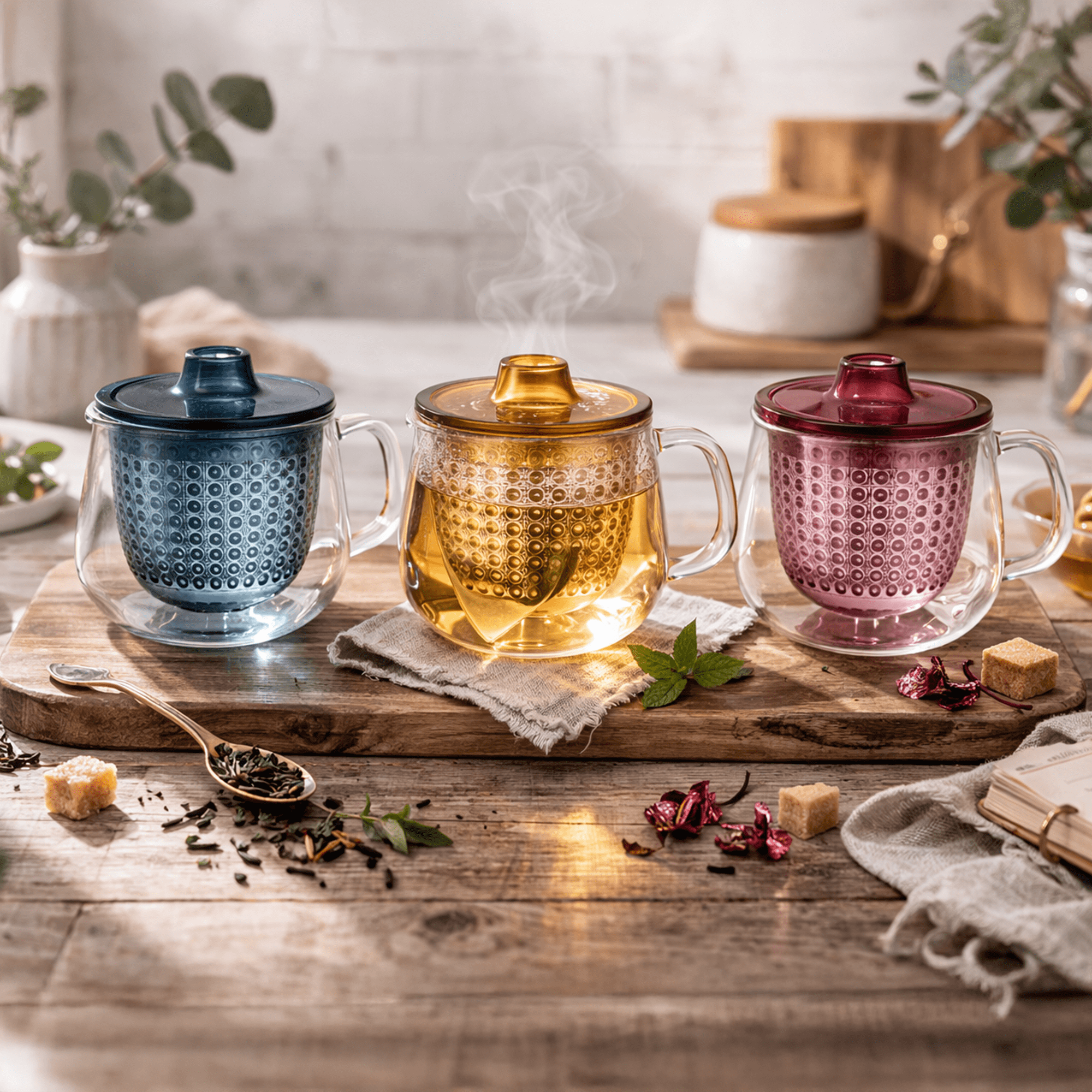 Trois théières en verre Kinto Unimug 350 ml en situation avec thé chaud