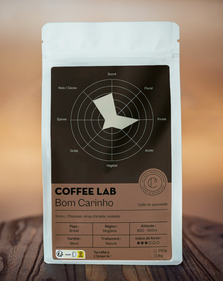 Sachet de café de spécialité Bom Carinho origine Brésil avec notes chocolat noisette